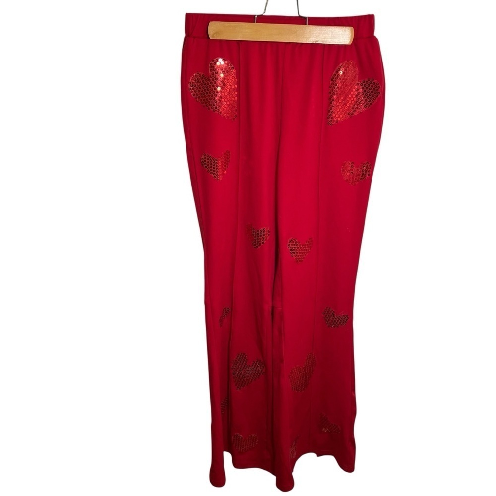 Women's Pull On Pant Red Sequin Hearts Slit Hem Back Stretch Mid-Rise